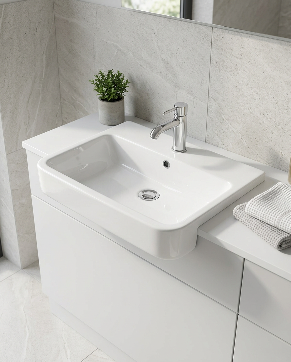 Harmonia Semi-Recessed Basin in a bright modern bathroom