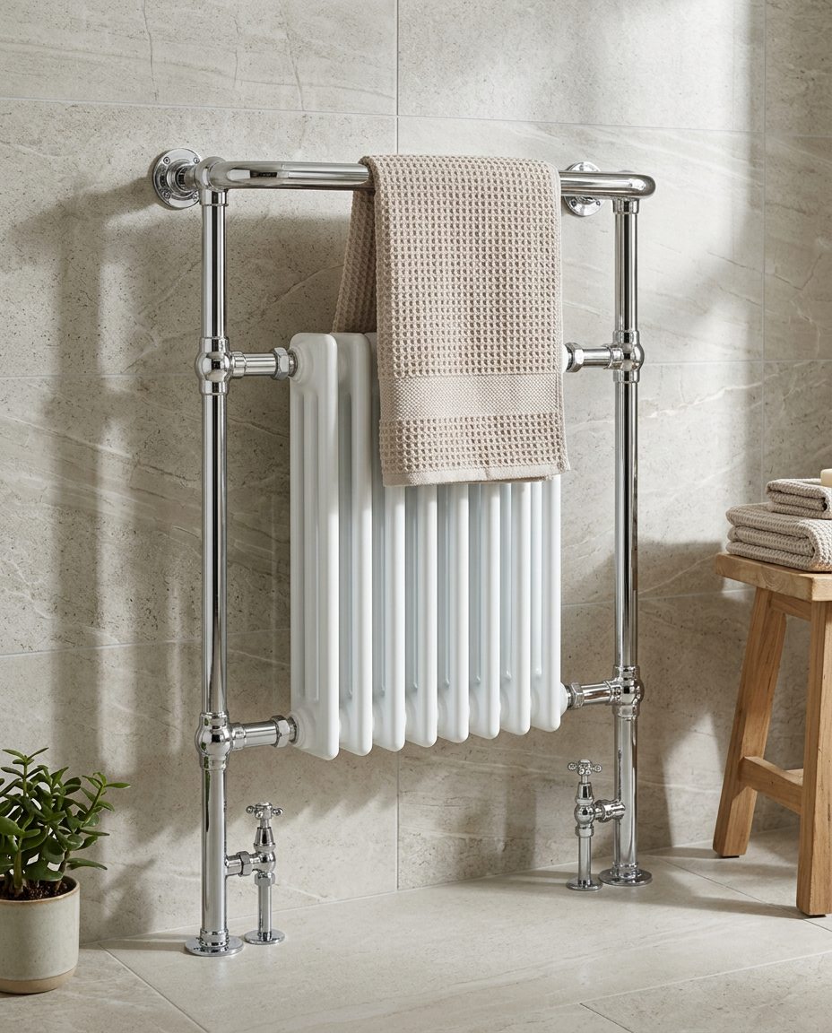Hartfield Traditional Towel Radiator with Valves in a bright modern bathroom