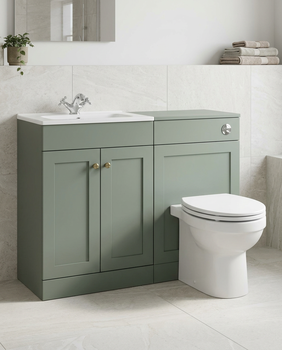 Haven 1100mm L-Shaped Furniture Pack, corymbia green in a bright modern bathroom