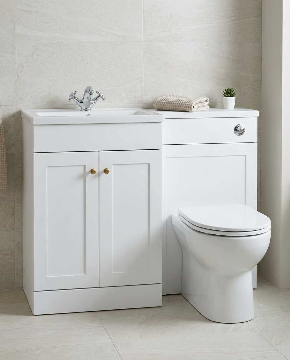 Haven 1100mm L-Shaped Furniture Pack, matt white in a bright modern bathroom