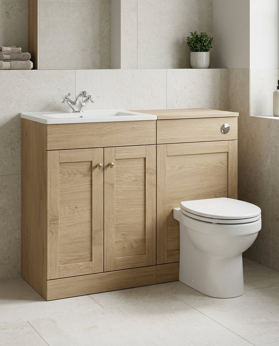 Haven 1100mm L-Shaped Furniture Pack, torro oak in a bright modern bathroom
