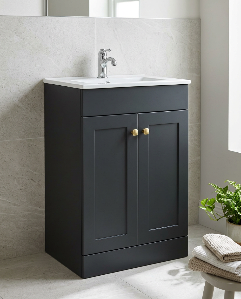 Haven 500mm Floor Standing Vanity Unit & Basin, 2 Doors, anthracite in a bright modern bathroom