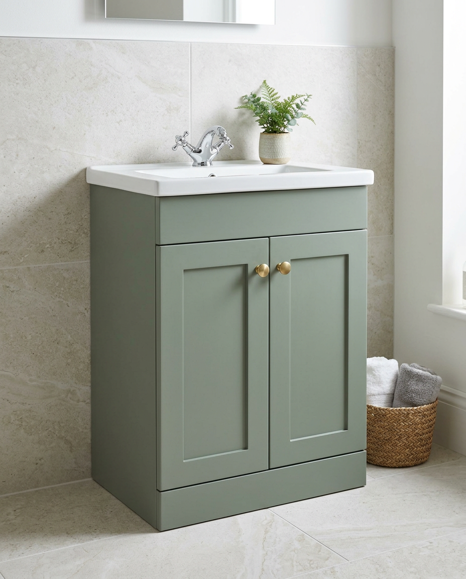 Haven 500mm Floor Standing Vanity Unit & Basin, 2 Doors, corymbia green in a bright modern bathroom