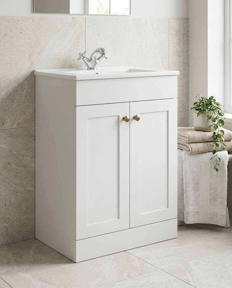 Haven 500mm Floor Standing Vanity Unit & Basin, 2 Doors, matt white in a bright modern bathroom