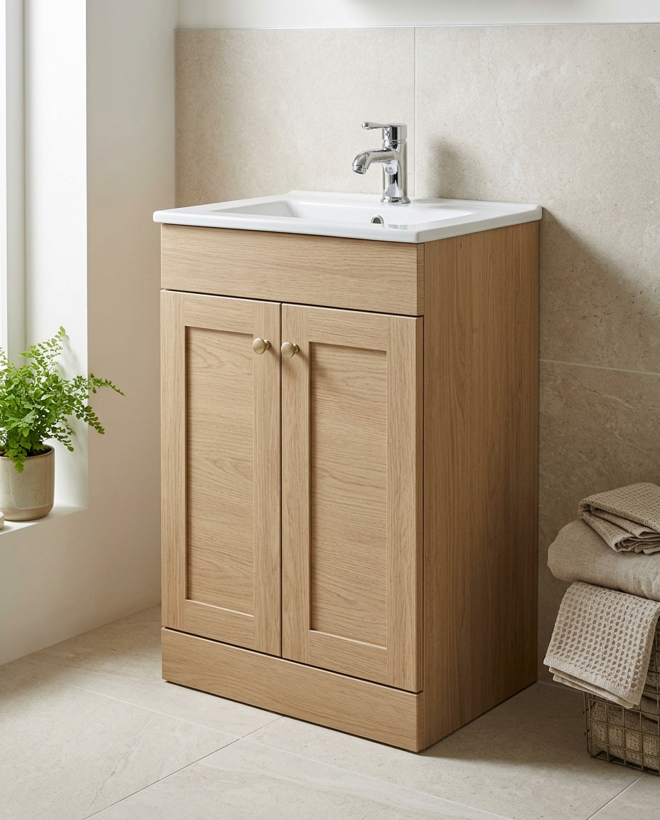 Haven 500mm Floor Standing Vanity Unit & Basin, 2 Doors, torro oak in a bright modern bathroom