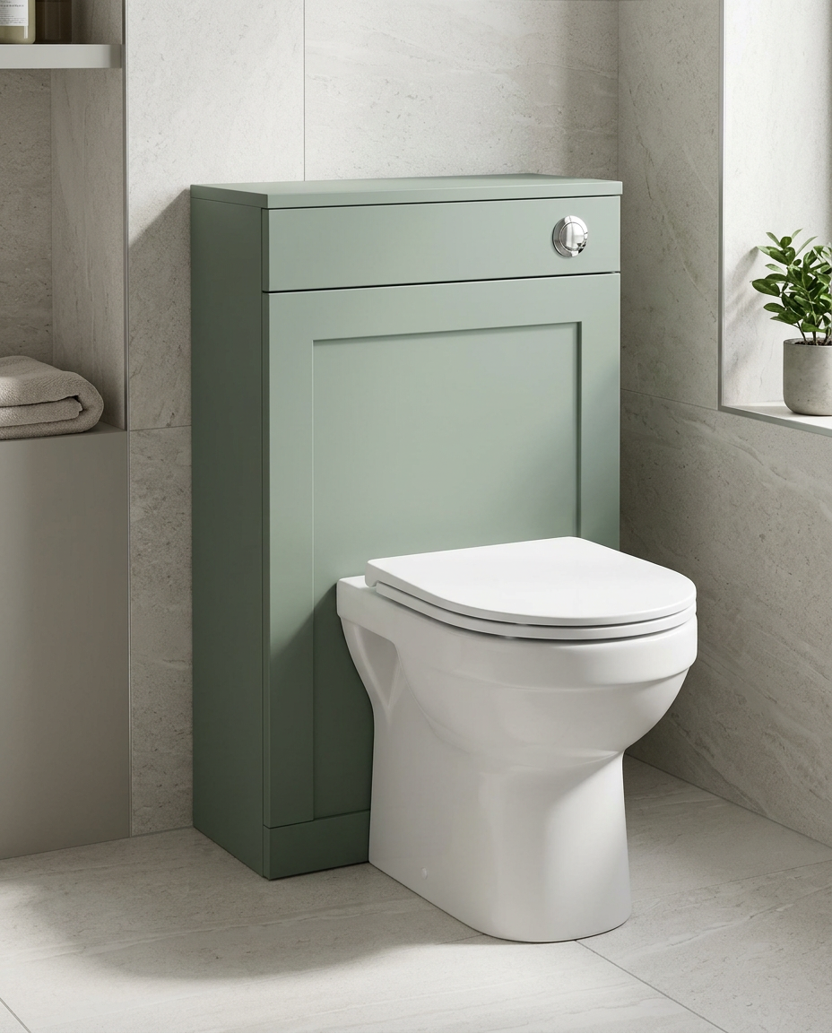 Haven 500mm WC Unit, corymbia green in a bright modern bathroom