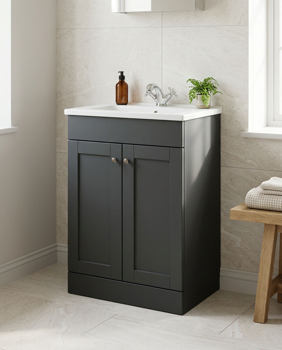 Haven 600mm Floor Standing Vanity Unit & Basin, 2 Doors, anthracite in a bright modern bathroom