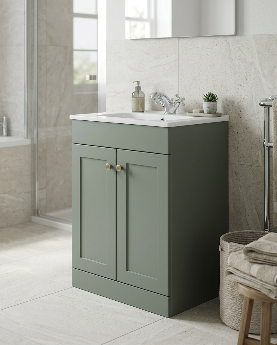 Haven 600mm Floor Standing Vanity Unit & Basin, 2 Doors, corymbia green in a bright modern bathroom