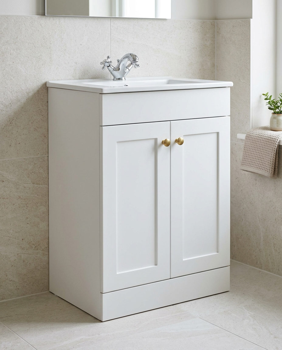 Haven 600mm Floor Standing Vanity Unit & Basin, 2 Doors, matt white in a bright modern bathroom