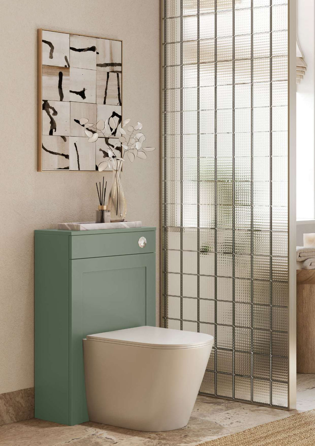 Haven 600mm Floor Standing Vanity Unit & Basin, 2 Drawers in a bathroom setting