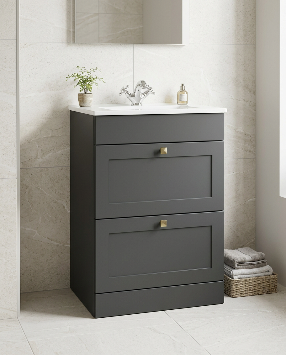 Haven 600mm Floor Standing Vanity Unit & Basin, 2 Drawers, anthracite in a bright modern bathroom