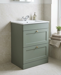 Haven 600mm Floor Standing Vanity Unit & Basin, 2 Drawers, corymbia green in a bright modern bathroom