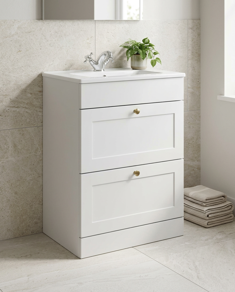 Haven 600mm Floor Standing Vanity Unit & Basin, 2 Drawers, matt white in a bright modern bathroom