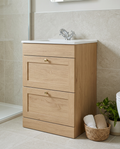 Haven 600mm Floor Standing Vanity Unit & Basin, 2 Drawers, torro oak in a bright modern bathroom