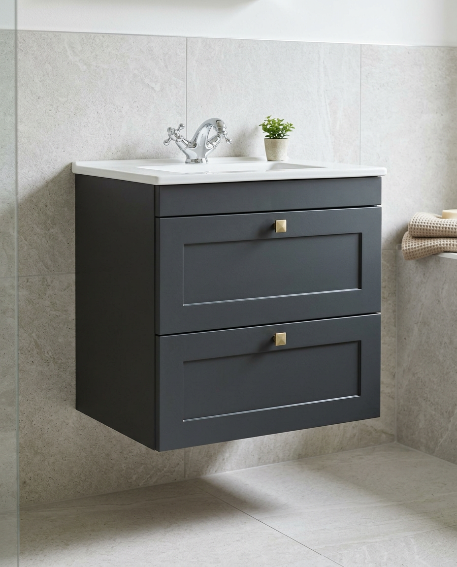 Haven 600mm Wall Hung Vanity Unit & Basin, 2 Drawers, anthracite in a bright modern bathroom