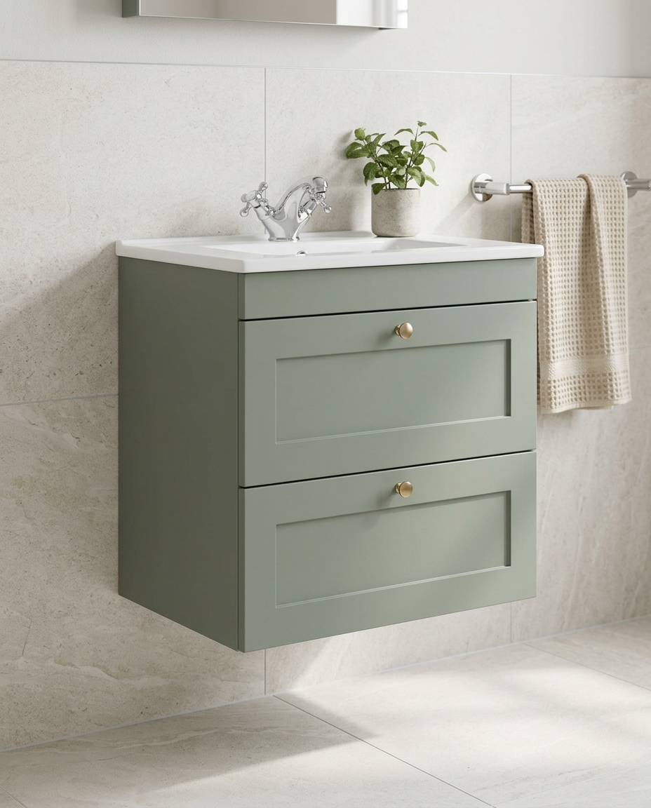 Haven 600mm Wall Hung Vanity Unit & Basin, 2 Drawers, corymbia green in a bright modern bathroom