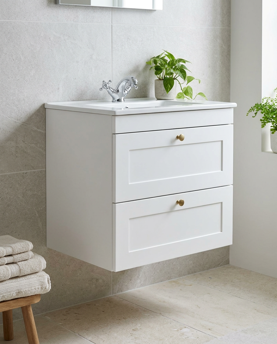 Haven 600mm Wall Hung Vanity Unit & Basin, 2 Drawers, matt white in a bright modern bathroom