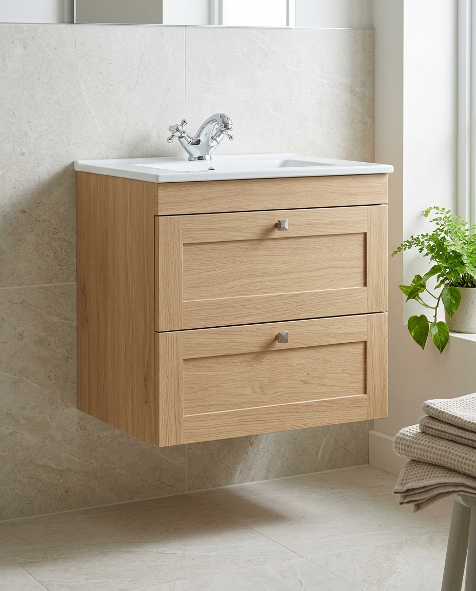 Haven 600mm Wall Hung Vanity Unit & Basin, 2 Drawers, torro oak in a bright modern bathroom