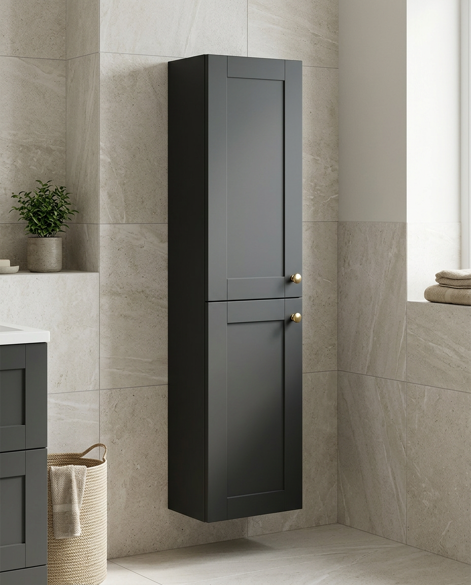 Haven Wall Mounted Tall Unit, anthracite in a bright modern bathroom