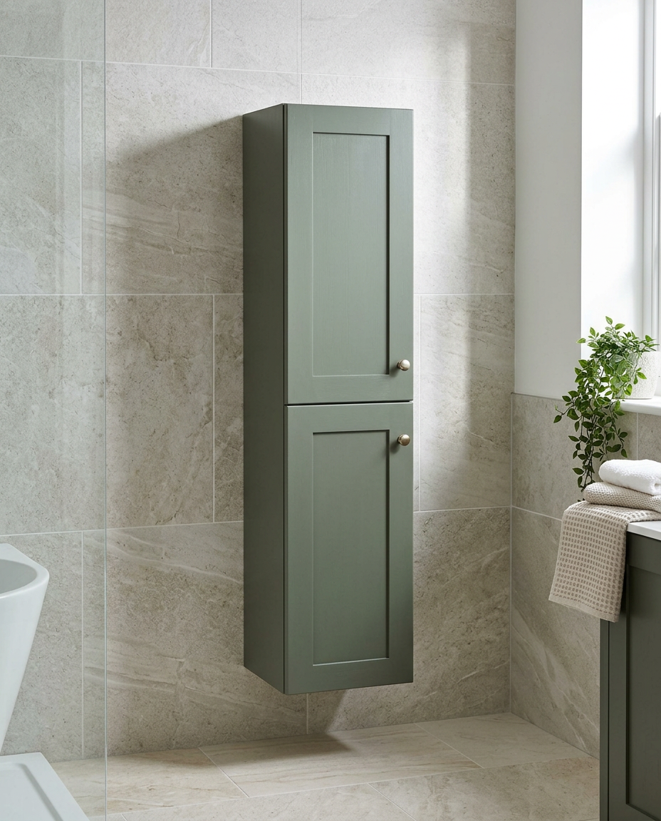 Haven Wall Mounted Tall Unit, corymbia green in a bright modern bathroom