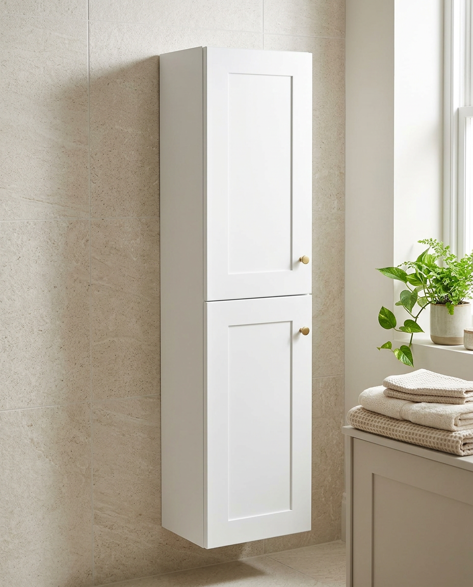 Haven Wall Mounted Tall Unit, matt white in a bright modern bathroom