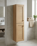 Haven Wall Mounted Tall Unit, torro oak in a bright modern bathroom