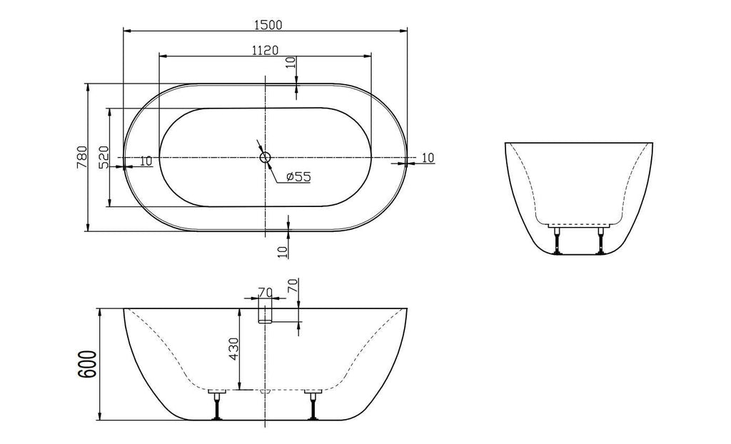 Hettie freestanding bath technical drawing with dimensions