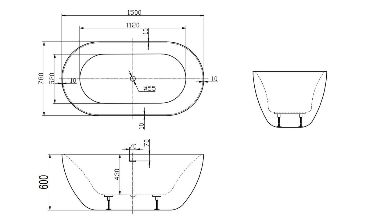 Hettie freestanding bath technical drawing with dimensions