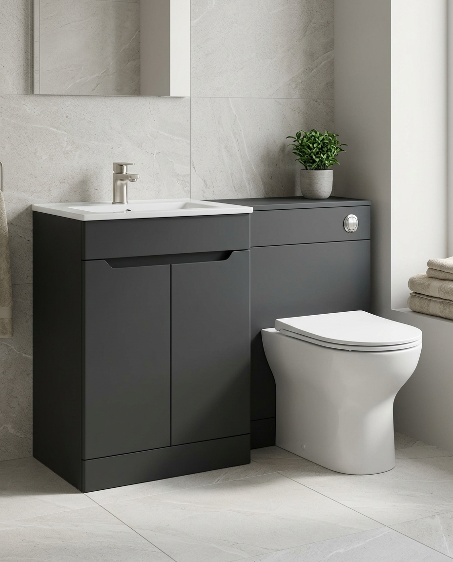 Hoxton 1100mm L-Shaped Furniture Pack, matt anthracite in a bright modern bathroom