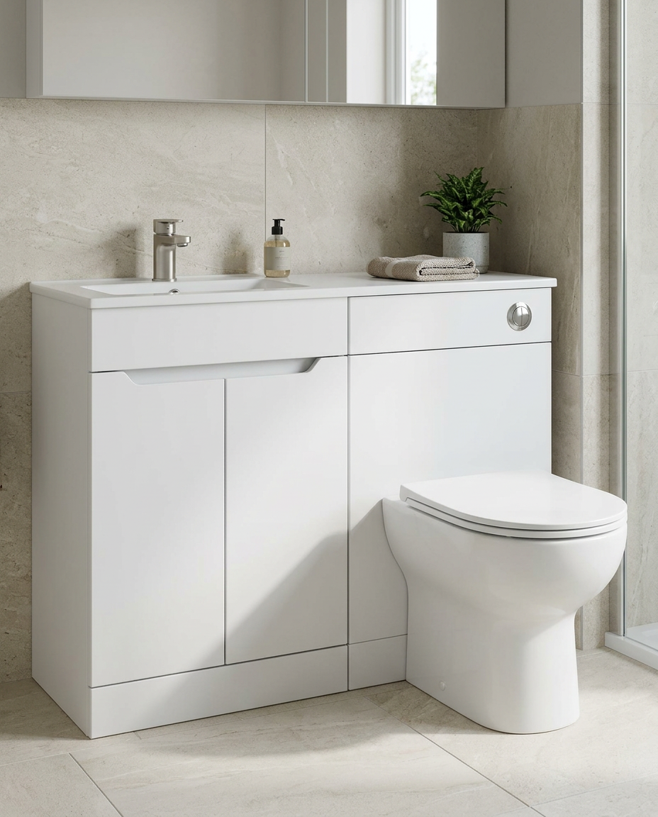 Hoxton 1100mm L-Shaped Furniture Pack, matt white in a bright modern bathroom