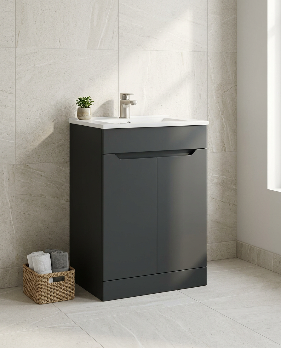 Hoxton 500mm Floor Standing Vanity Unit & Basin, 2 Doors, matt anthracite in a bright modern bathroom