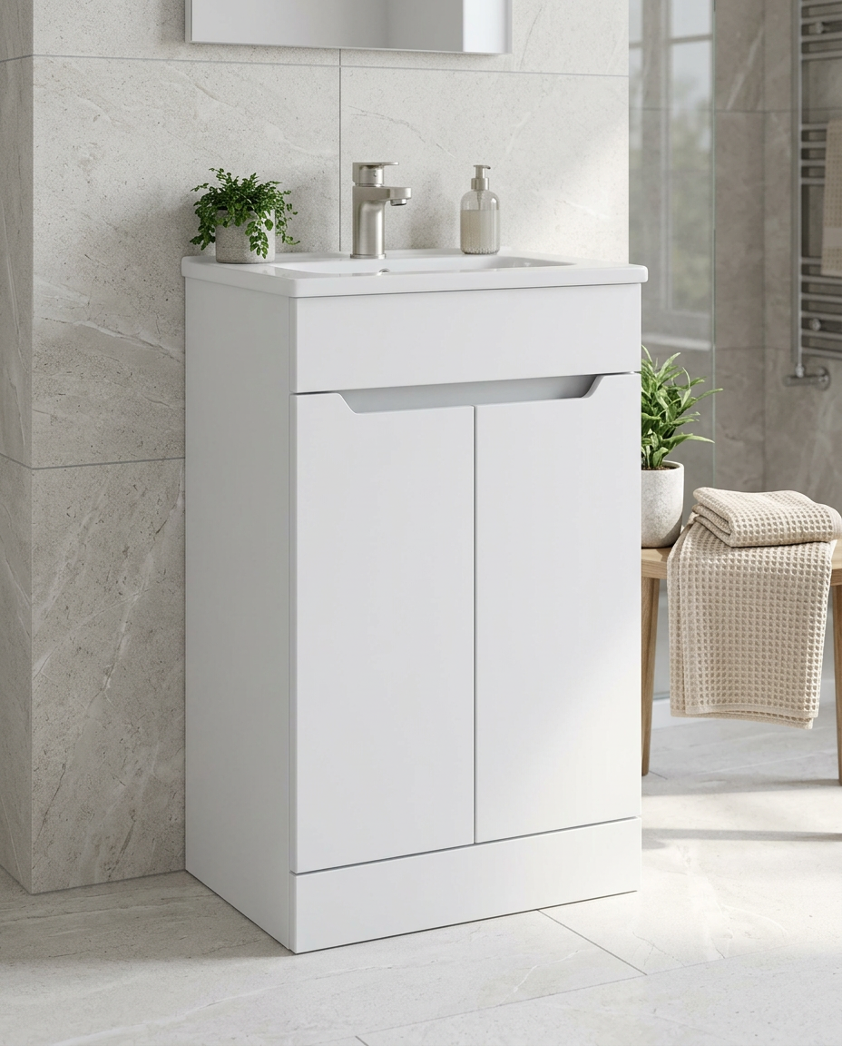 Hoxton 500mm Floor Standing Vanity Unit & Basin, 2 Doors, matt white in a bright modern bathroom