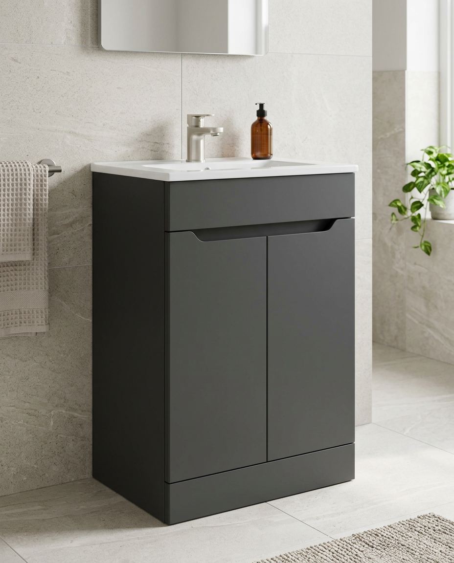 Hoxton 600mm Floor Standing Vanity Unit & Basin, 2 Doors, matt anthracite in a bright modern bathroom