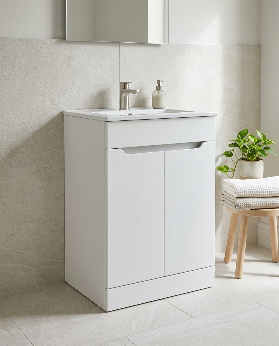Hoxton 600mm Floor Standing Vanity Unit & Basin, 2 Doors, matt white in a bright modern bathroom