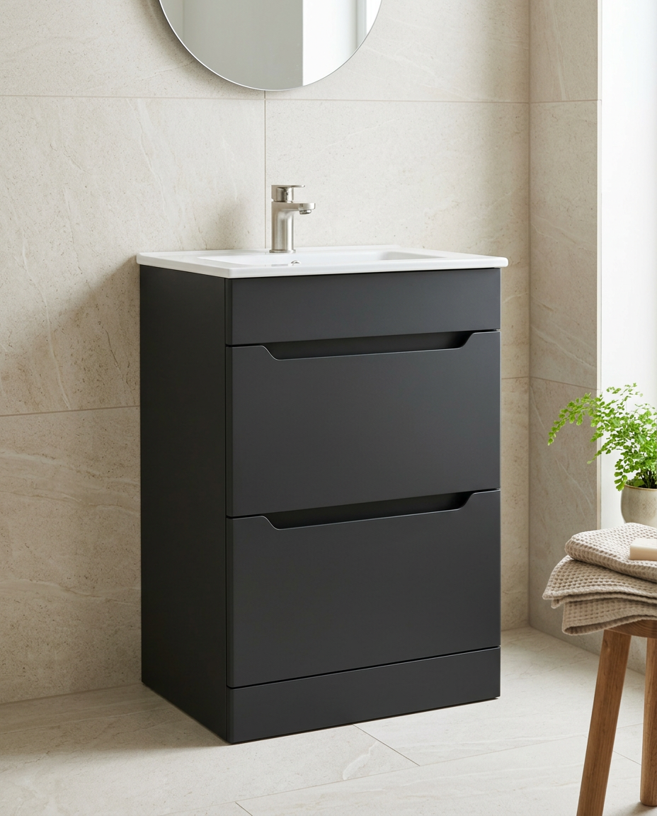 Hoxton 600mm Floor Standing Vanity Unit & Basin, 2 Drawers, matt anthracite in a bright modern bathroom