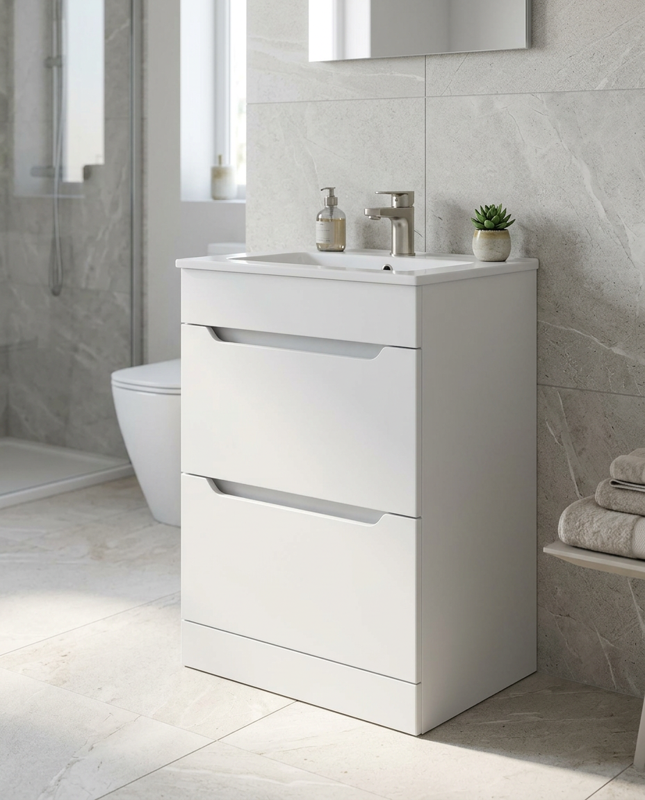 Hoxton 600mm Floor Standing Vanity Unit & Basin, 2 Drawers, matt white in a bright modern bathroom