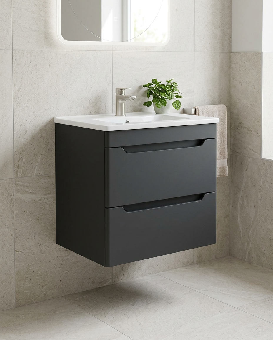 Hoxton 600mm Wall Hung Vanity Unit & Basin, 2 Drawers, matt anthracite in a bright modern bathroom