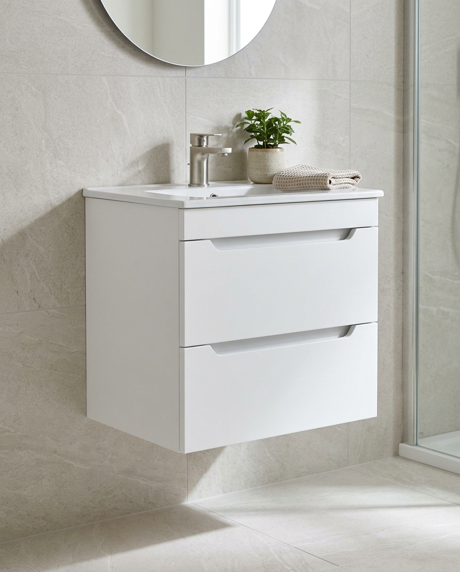 Hoxton 600mm Wall Hung Vanity Unit & Basin, 2 Drawers, matt white in a bright modern bathroom