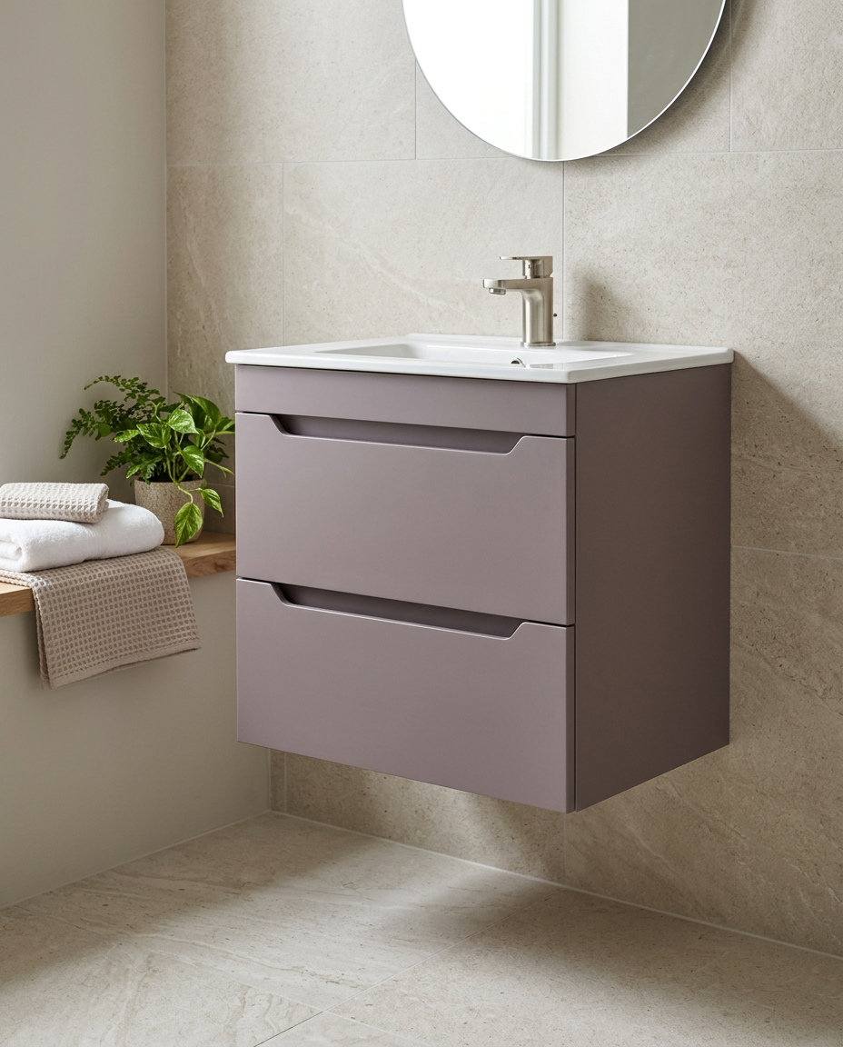 Hoxton 600mm Wall Hung Vanity Unit & Basin, 2 Drawers, slate grey in a bright modern bathroom