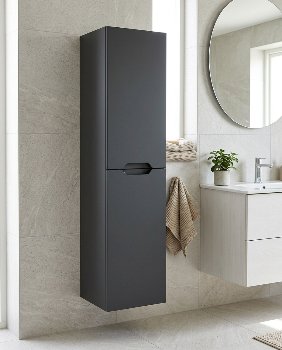 Hoxton Wall Mounted Tall Unit, matt anthracite in a bright modern bathroom