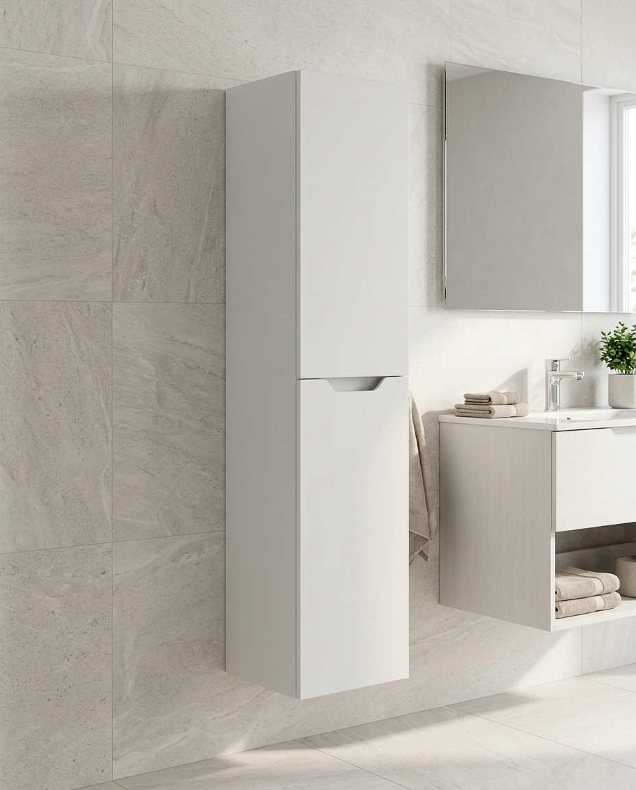 Hoxton Wall Mounted Tall Unit, matt white in a bright modern bathroom