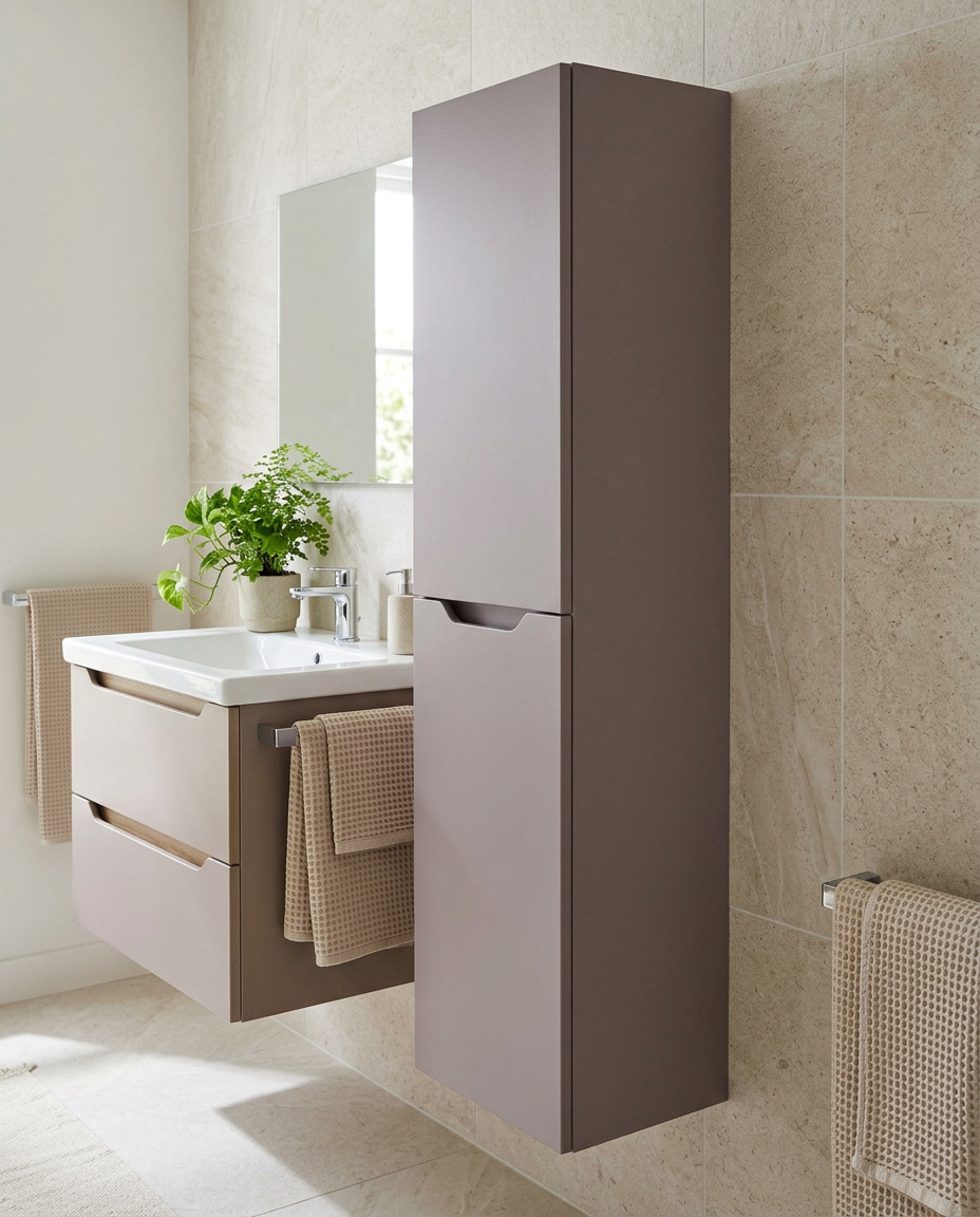 Hoxton Wall Mounted Tall Unit, slate grey in a bright modern bathroom