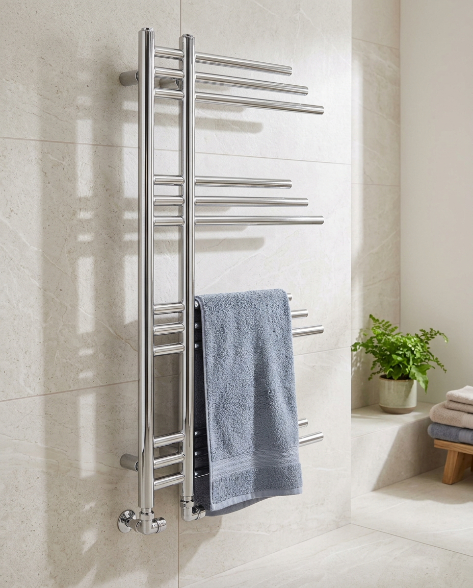 Hudson Chrome Heated Towel Rail in a bright modern bathroom