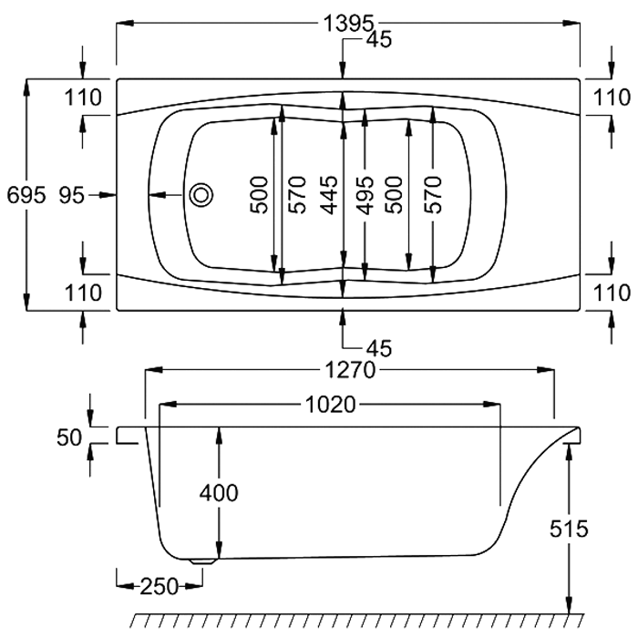 Carron Imperial Twin Grip Single Ended Bath, technical drawing
