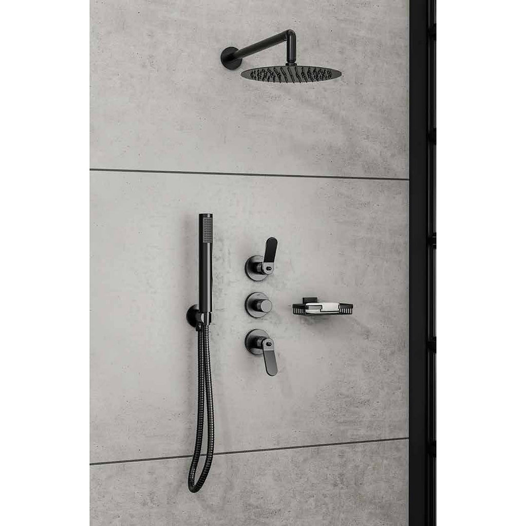 Industra concealed shower valve with round head, arm and hand shower in matt black