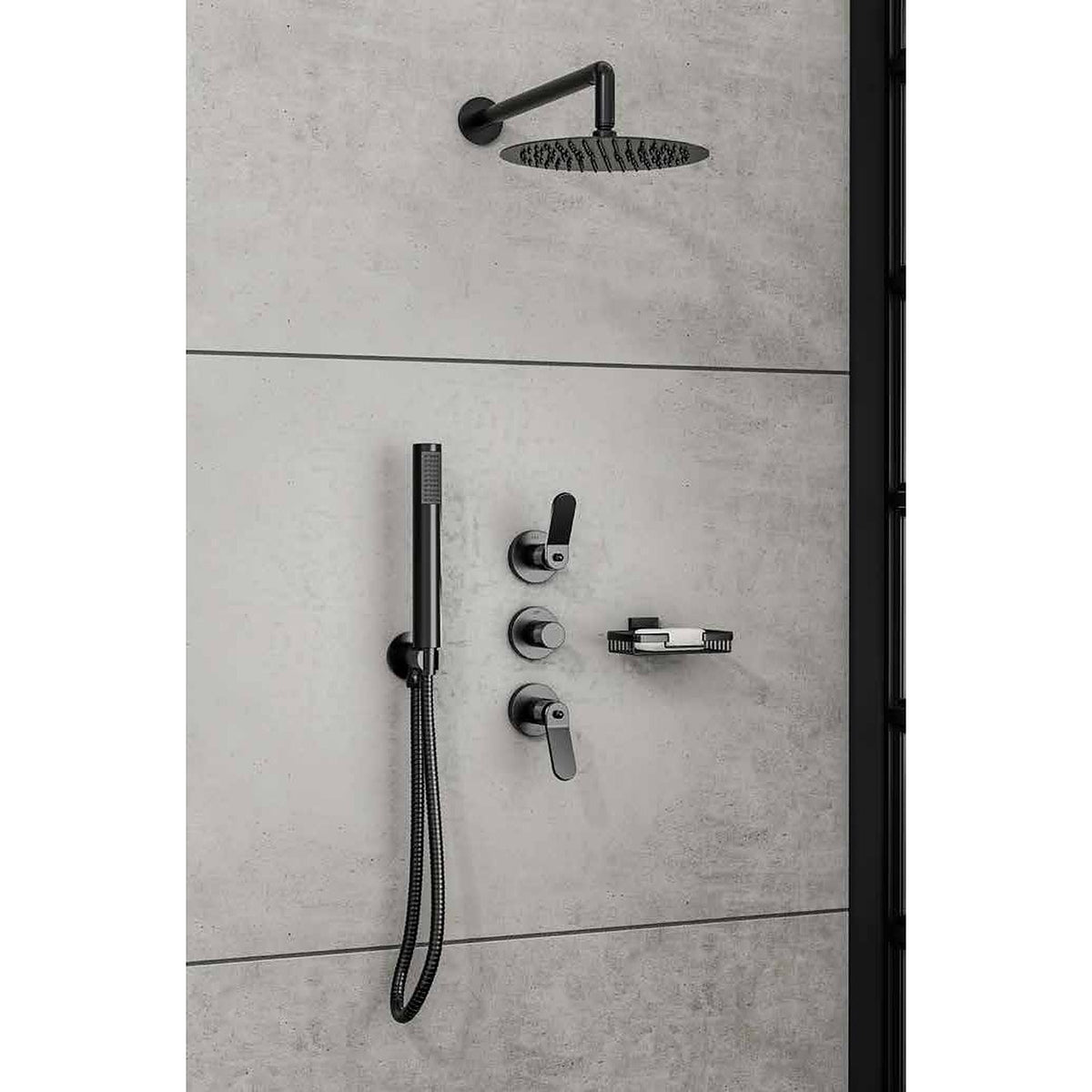 Industra concealed shower valve with round head, arm and hand shower in matt black