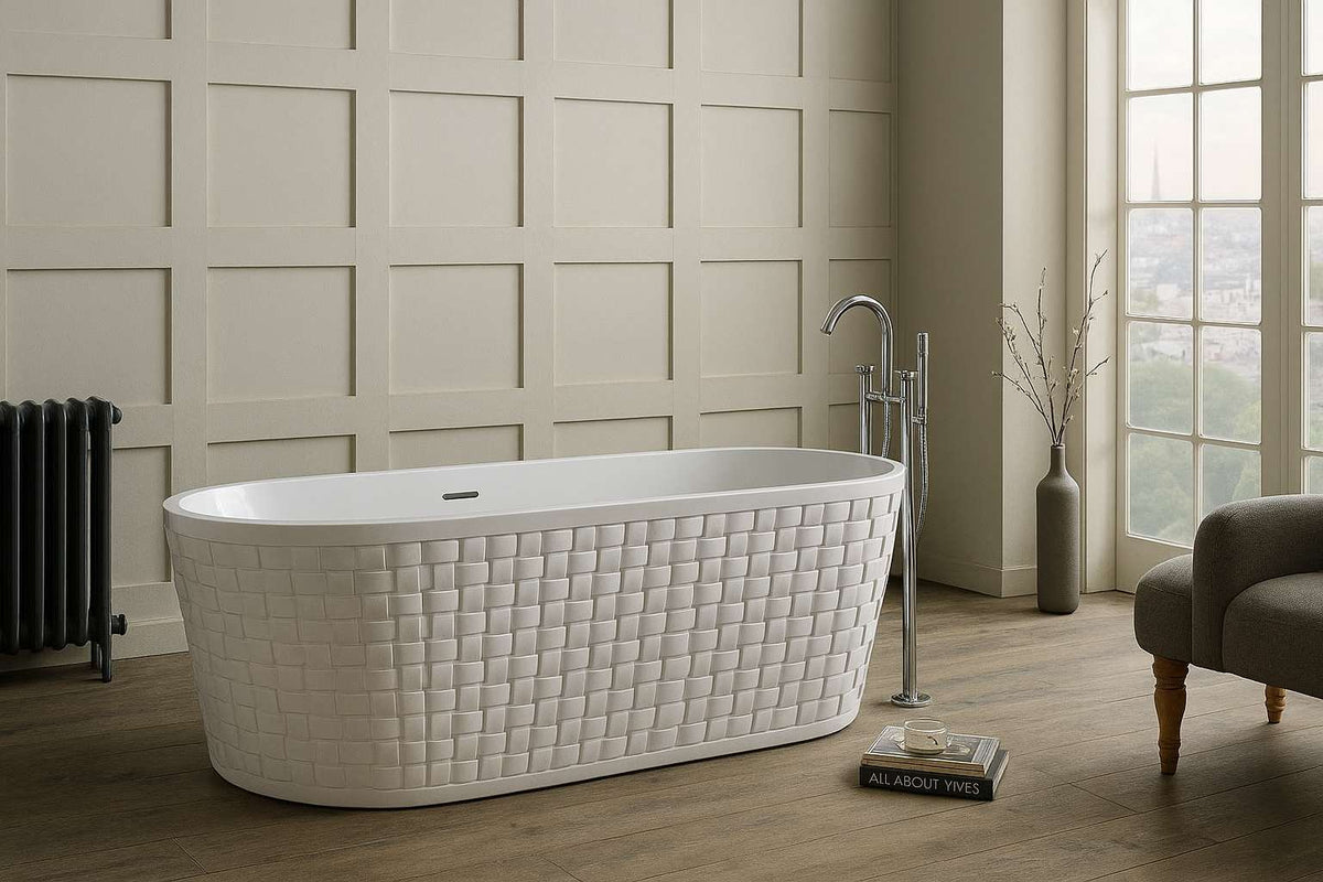 Ingra basket-weave freestanding bath in a panelled bathroom