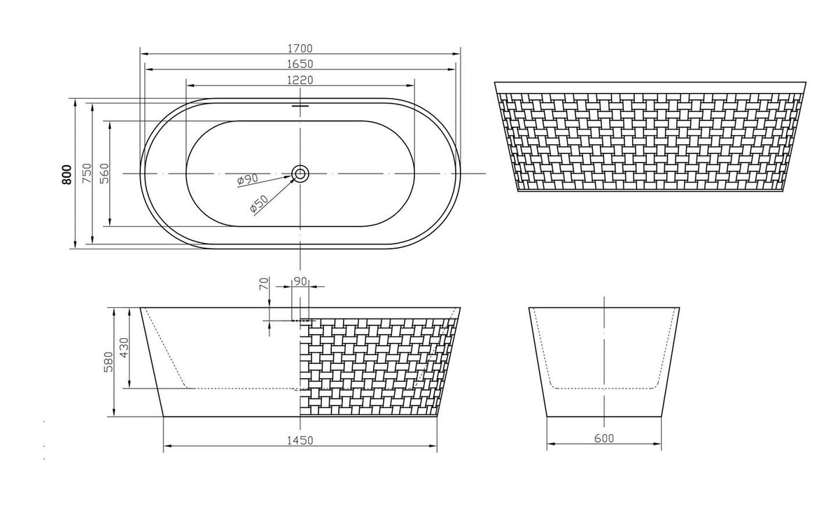 Ingra freestanding bath technical drawing with dimensions