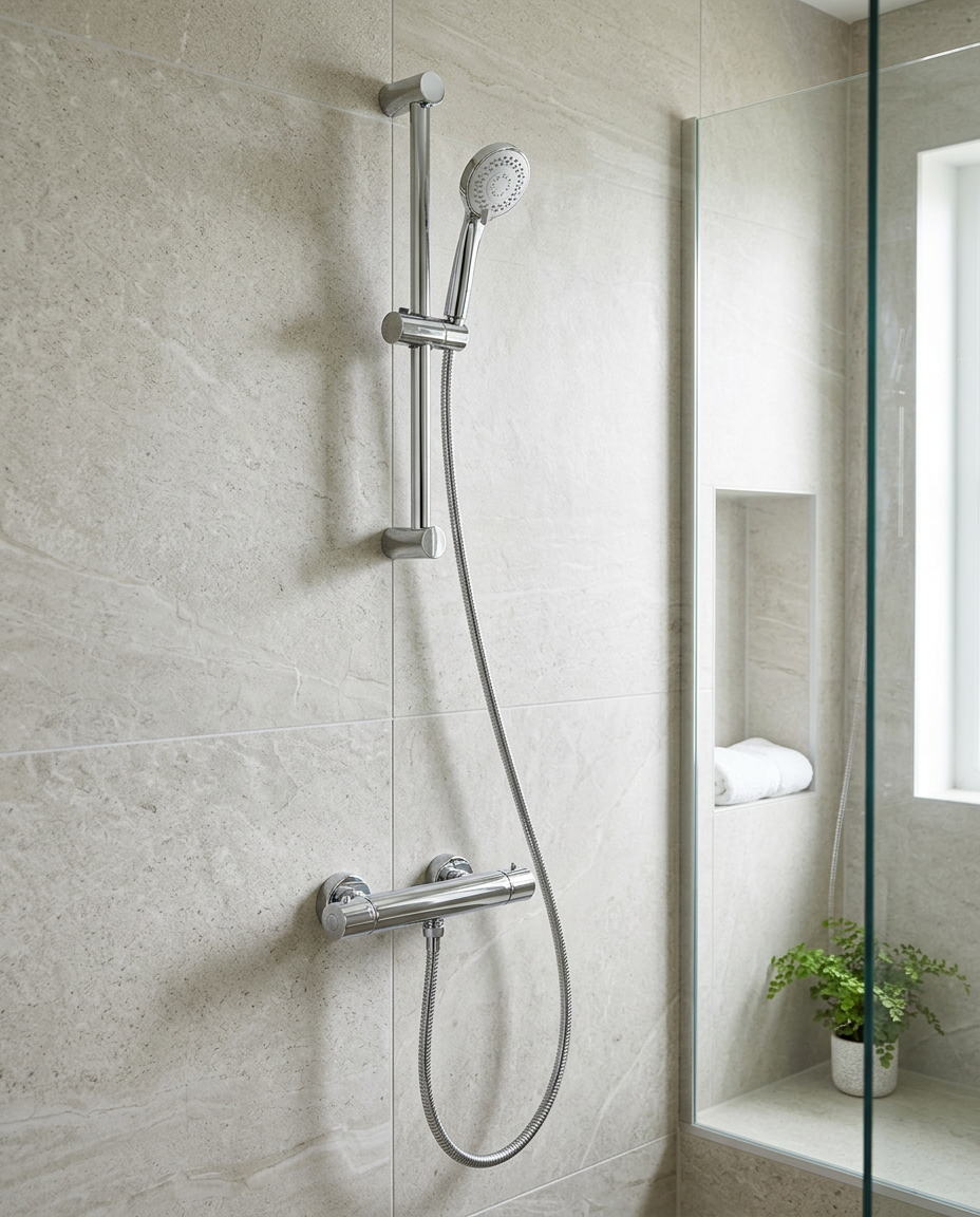 Instinta Round Exposed Bar Valve Shower Set in a bright modern bathroom