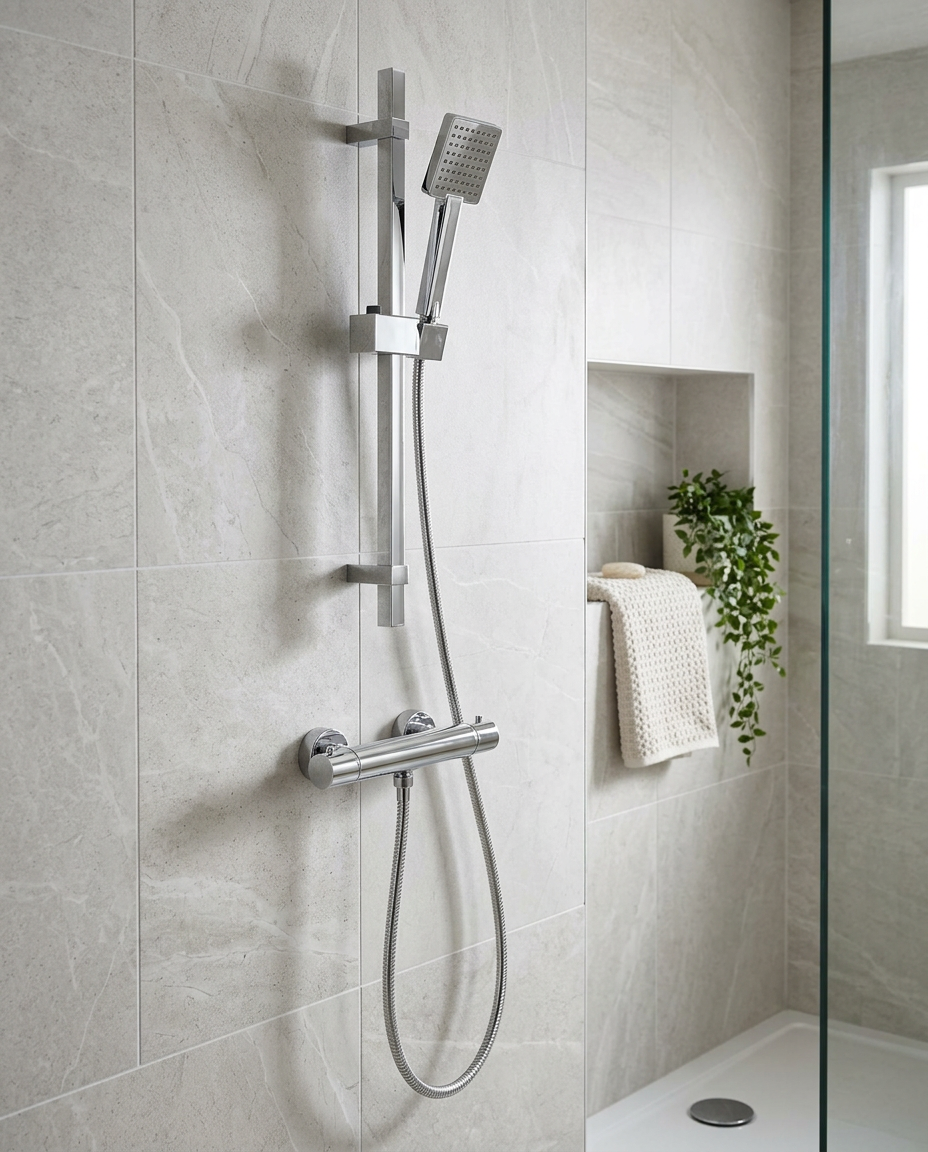 Instinta Square Exposed Bar Valve Shower Set in a bright modern bathroom